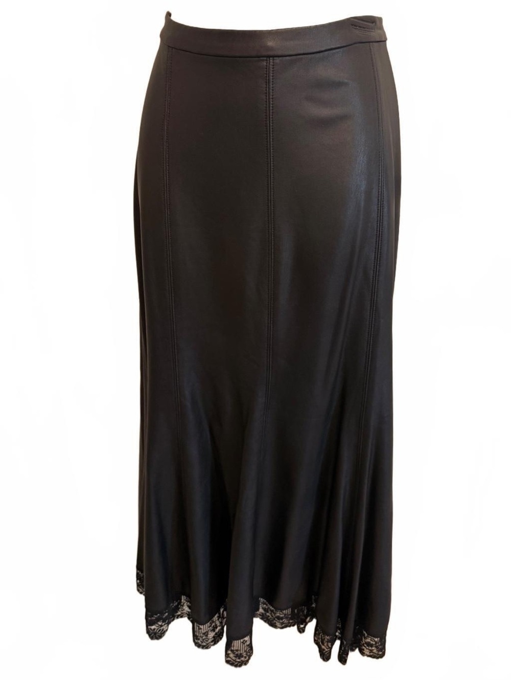 Free People Black Faux Leather Midi Skirt with Lace Hem